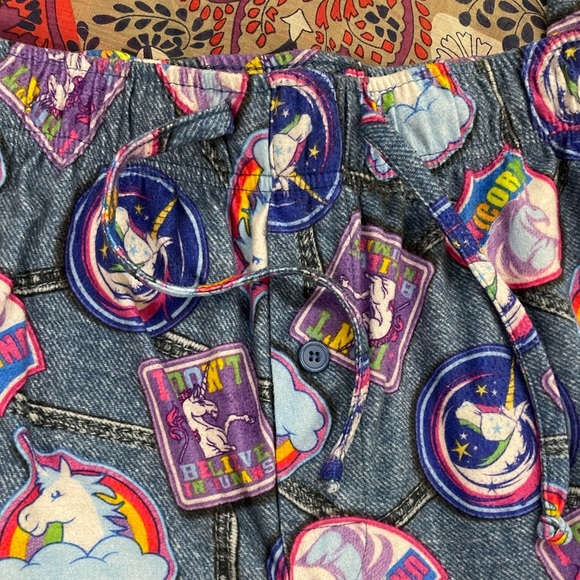 Faux denim unicorn rainbow drawstring comfy Lounge Pants PJ bottoms size small - Picture 3 of 3